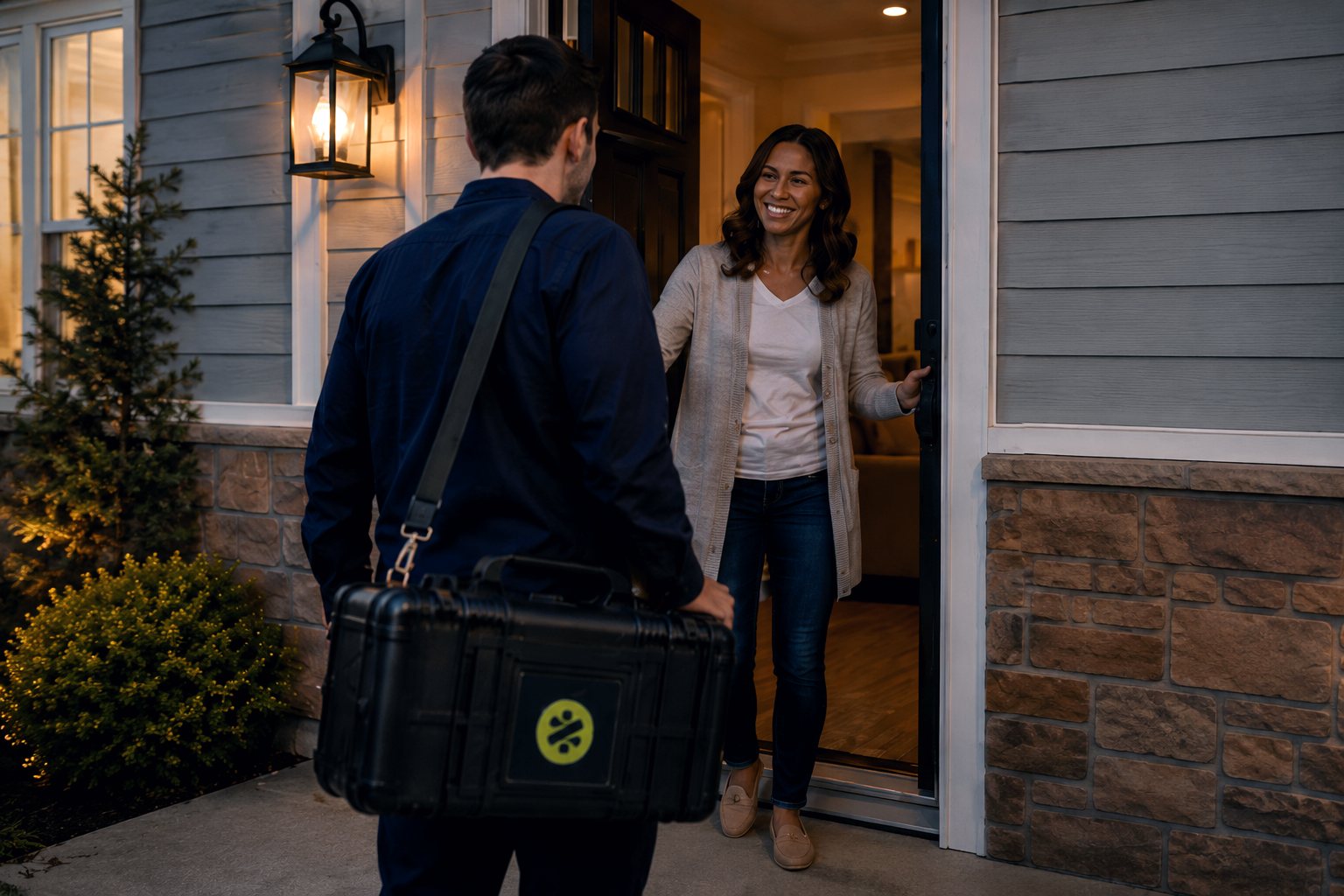 A ZipDoc medical technician arriving at a family’s front door in the evening