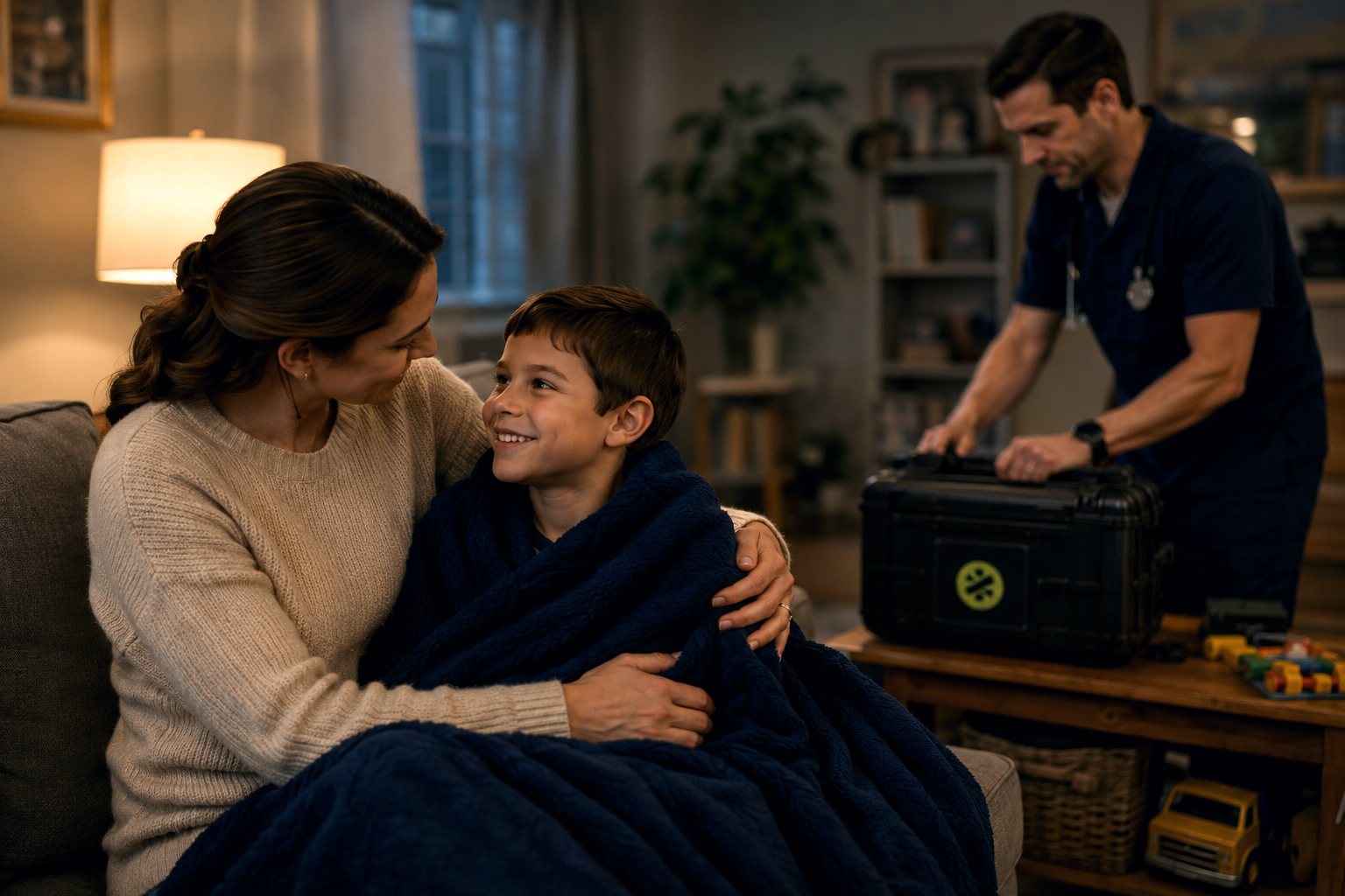 A mother and son relax on the couch as the ZipDoc technician packs up after a home visit